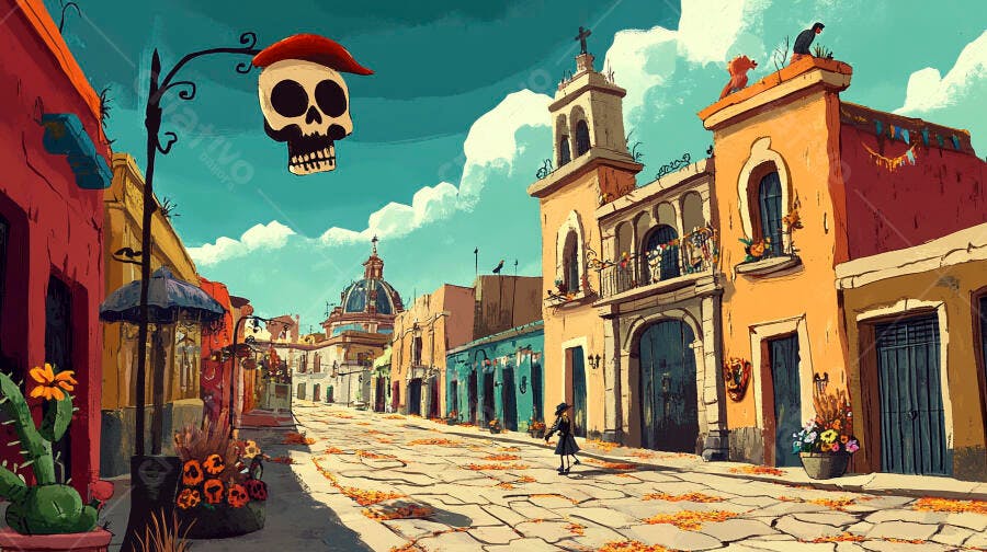 Caveira de Dia de Los Muertos em rua mexicana colorida com prédios e flores