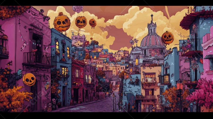 Rua colorida de cidade mexicana com balões de caveira e casas vibrantes ao pôr do sol