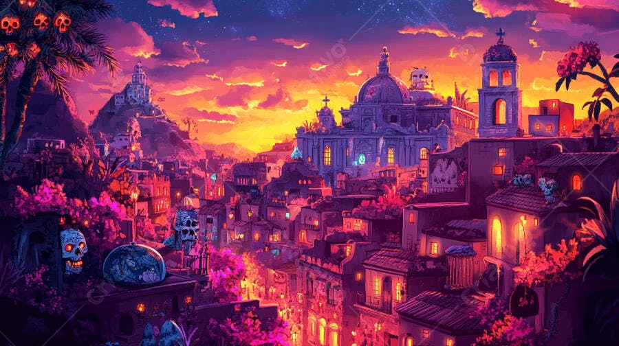 Cidade mexicana vibrante ao pôr do sol com calaveras e igrejas