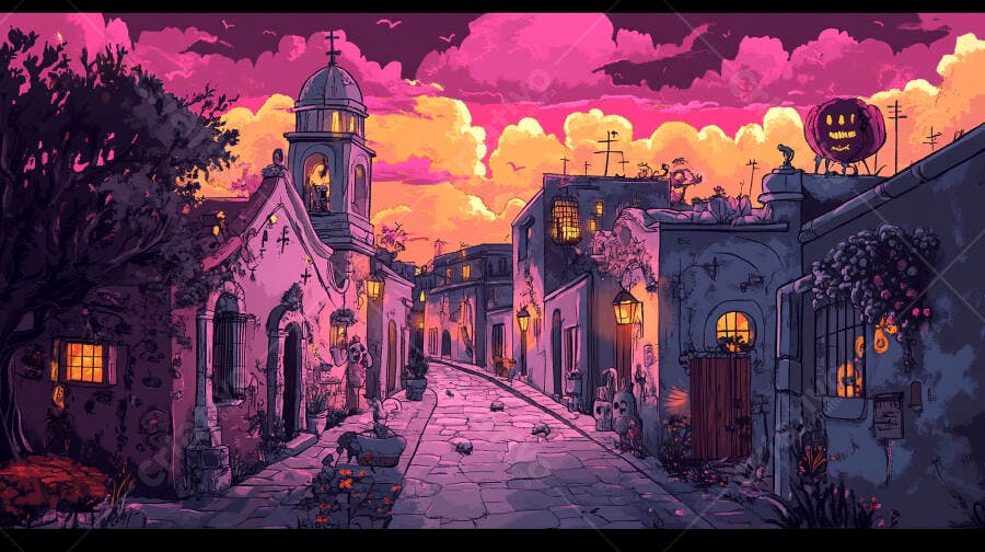 Rua de cidade antiga colorida ao entardecer com torre e abóbora festiva