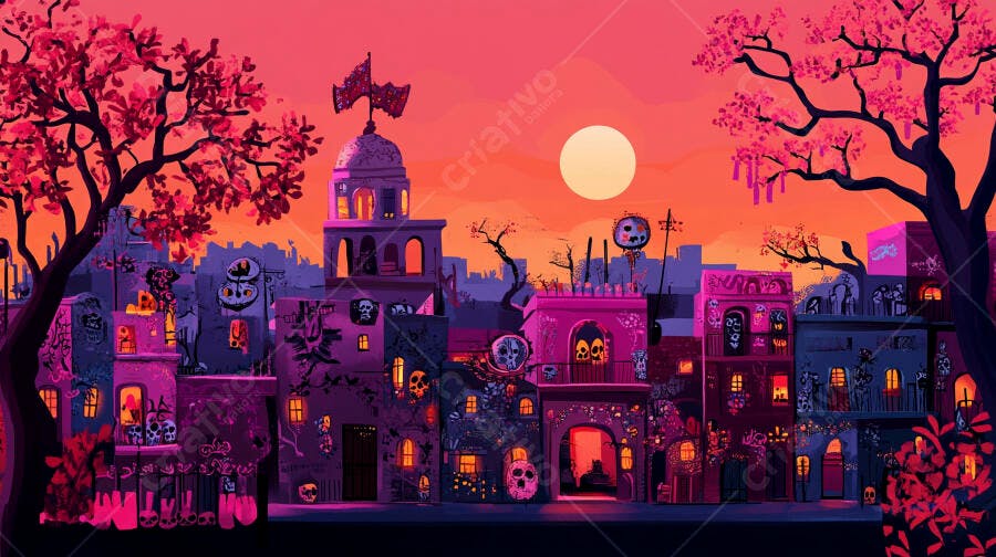 Cidade colorida no pôr do sol com decorações de caveiras celebração do Dia dos Mortos