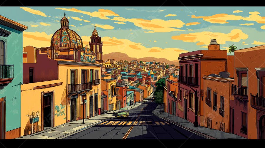 Cidade colonial colorida com igreja de cúpula ao pôr do sol
