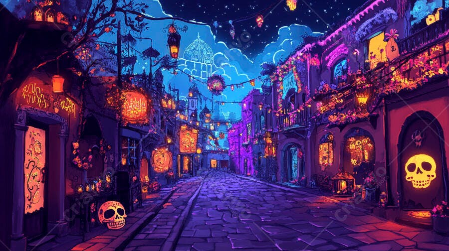 Rua de cidade noturna vibrante com luzes coloridas e caveiras estilo Dia de los Muertos