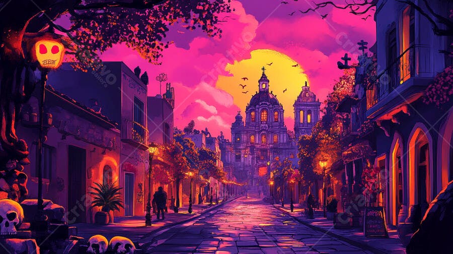Rua vívida de cidade histórica ao anoitecer com igreja e caveiras festivas