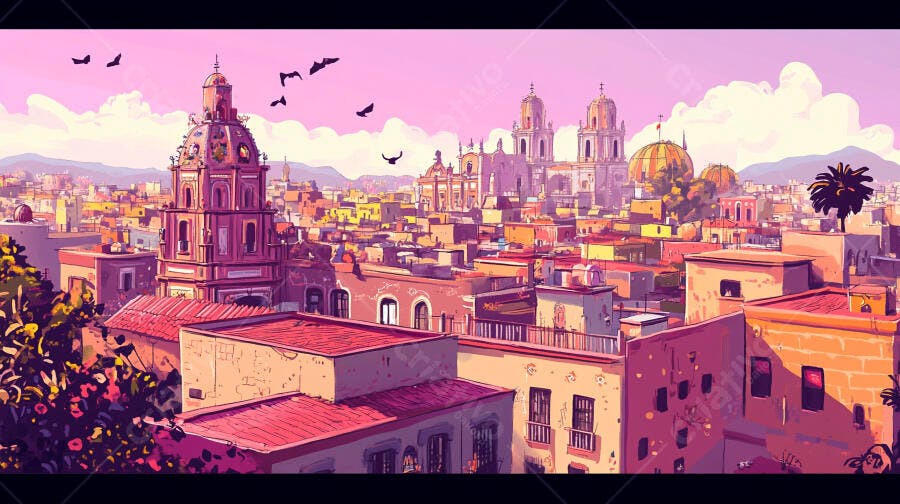 Cidade histórica mexicana colorida ao entardecer com igrejas e torres
