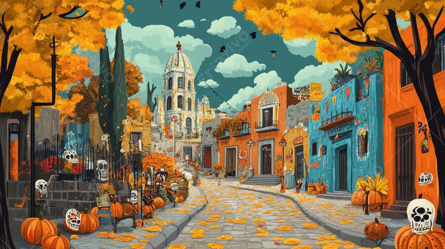 Cidade mexicana colorida decorada com abóboras e caveiras para o Dia dos Mortos