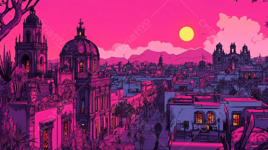 Paisagem urbana vibrante com arquitetura histórica rosa e roxa ao pôr do sol
