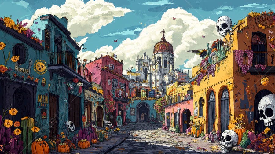 Rua mexicana colorida com decorações do Dia dos Mortos e abóboras