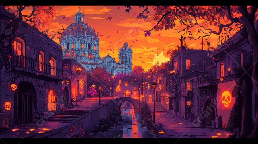 Cidade antiga colorida com lanternas de caveira ao pôr do sol outonal