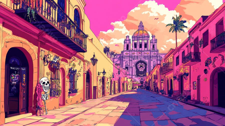 Rua vibrante de cidade colonial com igreja rosa e caveira festiva ao entardecer