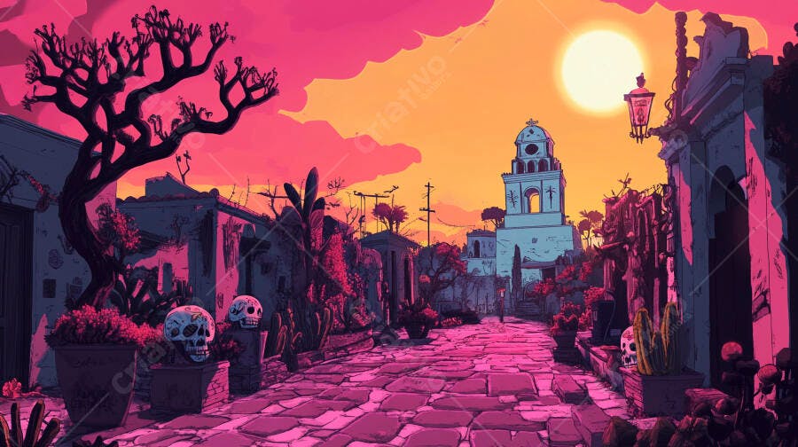 Rua de cidade mexicana com calaveras vibrantes e pôr do sol rosa laranja