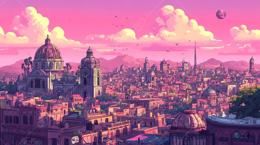 Cidade futurista rosa e púrpura ao pôr do sol estilo anime