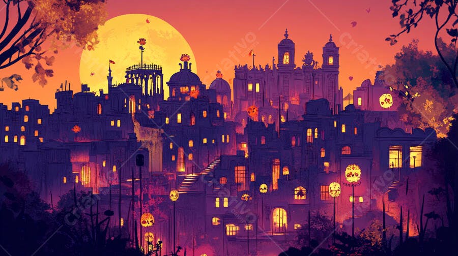 Cidade mexicana festiva iluminada ao anoitecer com lanternas de caveira