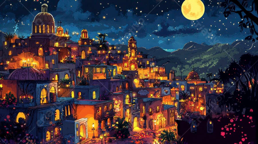 Cidade noturna iluminada sob lua cheia com casas coloridas e montanhas