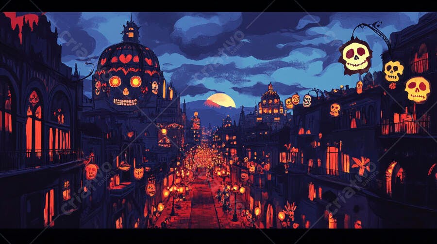 Rua noturna decorada com caveiras iluminadas para o Dia dos Mortos ao pôr do sol