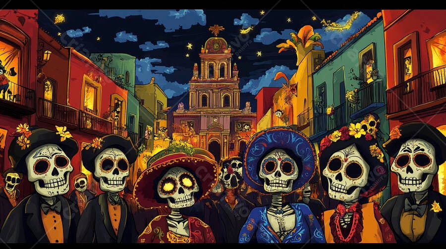 Calaveras coloridas celebrando Dia dos Mortos em rua mexicana à noite