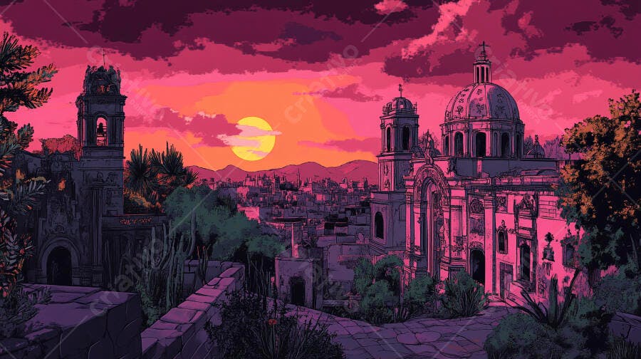 Pôr do sol rosa laranja sobre cidade histórica com igreja antiga