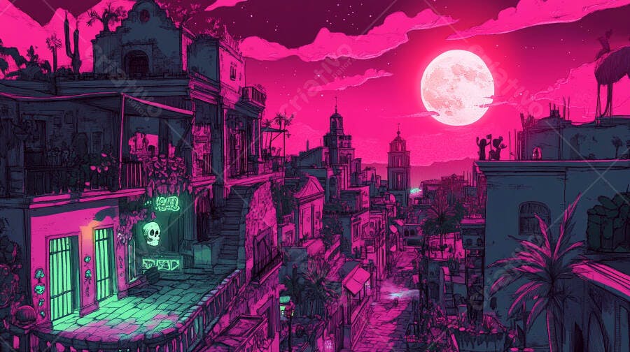 Cidade vibrante noturna com lua cheia rosa e luzes neon verde em estilo retrofuturista