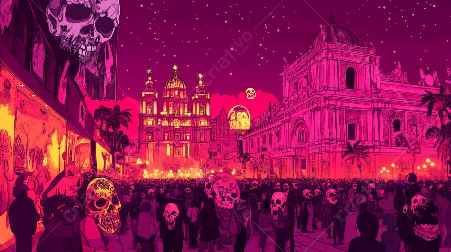 Multidão com máscaras de caveira em rua festiva rosa neon noturna