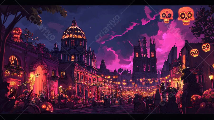 Rua noturna celebração Dia de Muertos vibrante arquitetura mística e caveiras iluminadas