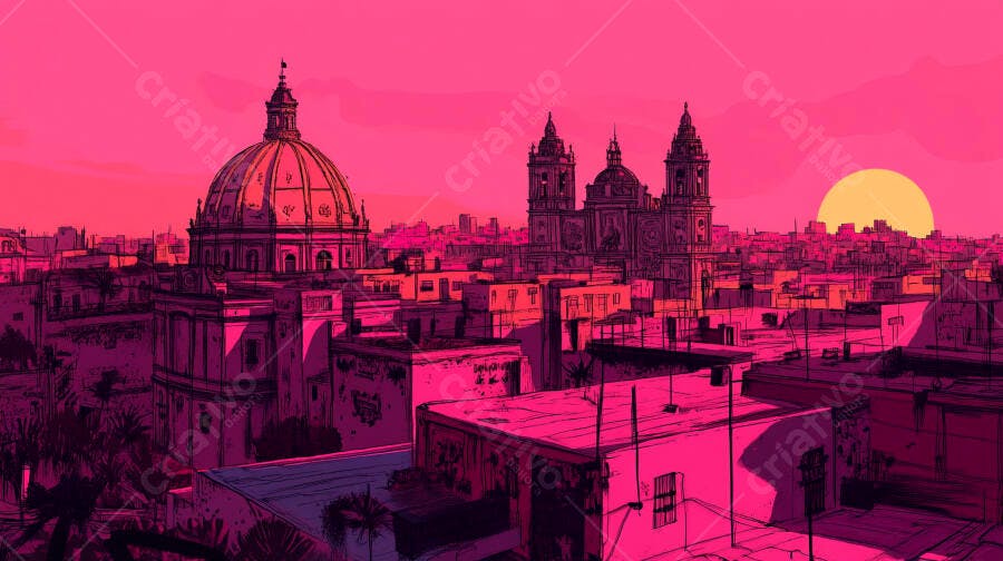 Cidade mediterrânea ao pôr do sol com cúpulas históricas e edifícios em rosa vibrante