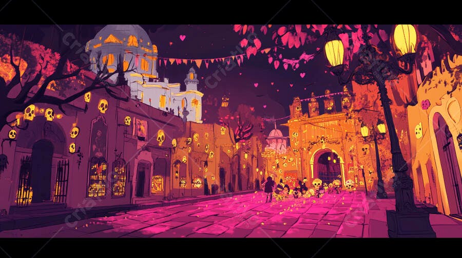 Vibrante rua mexicana noturna Dia de los Muertos caveiras iluminadas