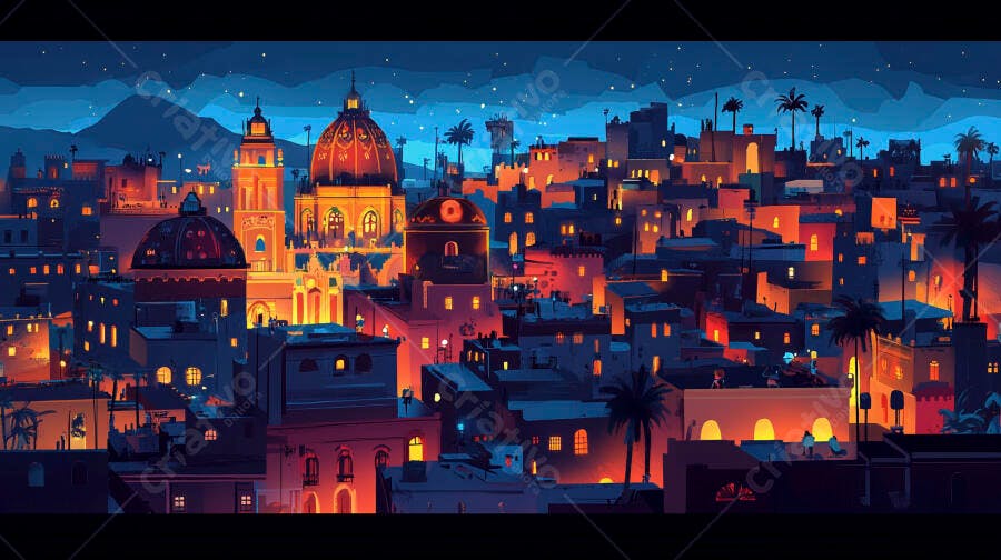 Cidade histórica mediterrânea à noite com cúpulas e palmeiras iluminadas