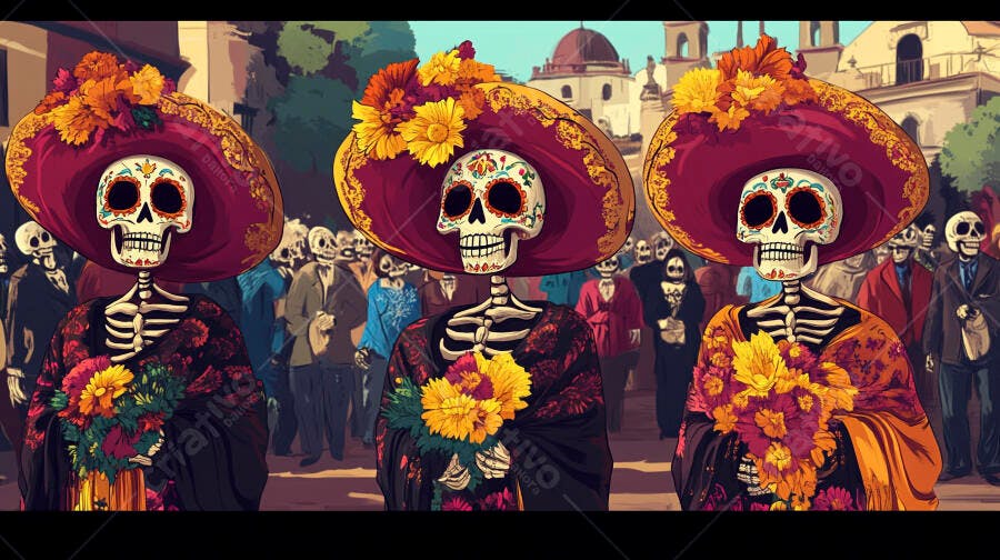 Três Catrinas elegantes com chapéus floridos em celebração do Dia dos Mortos