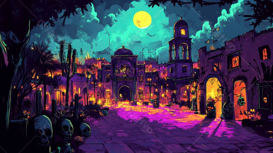 Rua noturna de cidade latino-americana com festival cores vibrantes e lua cheia