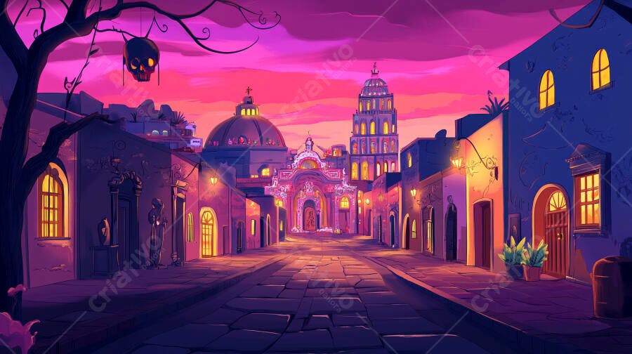 Rua colorida de cidade colonial com crânio pendurado celebração mexicana