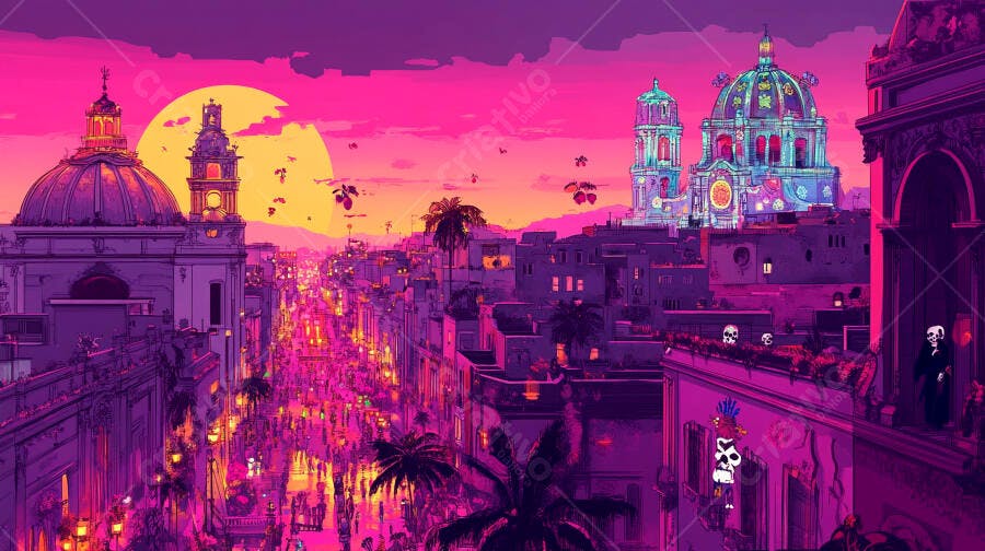Cidade vibrante com calaveras igrejas e palmeiras ao pôr do sol rosa