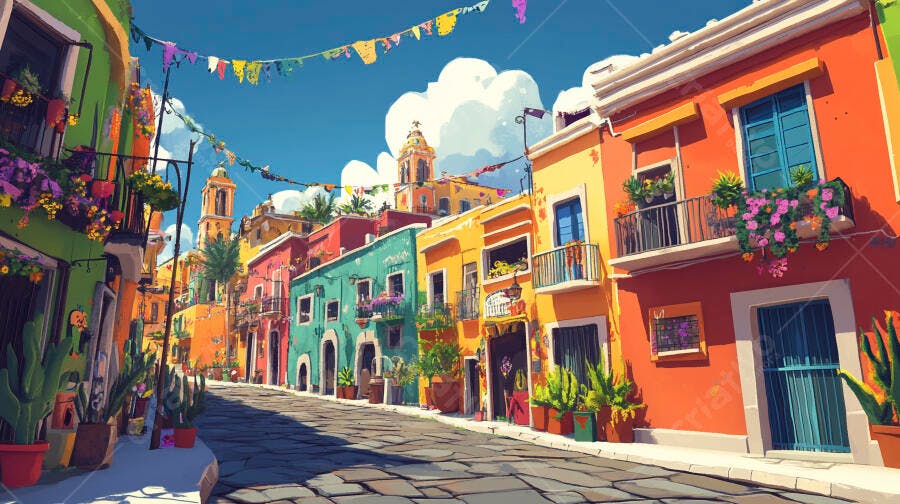 Rua colorida de casas vibrantes em cidade colonial com decoração festiva