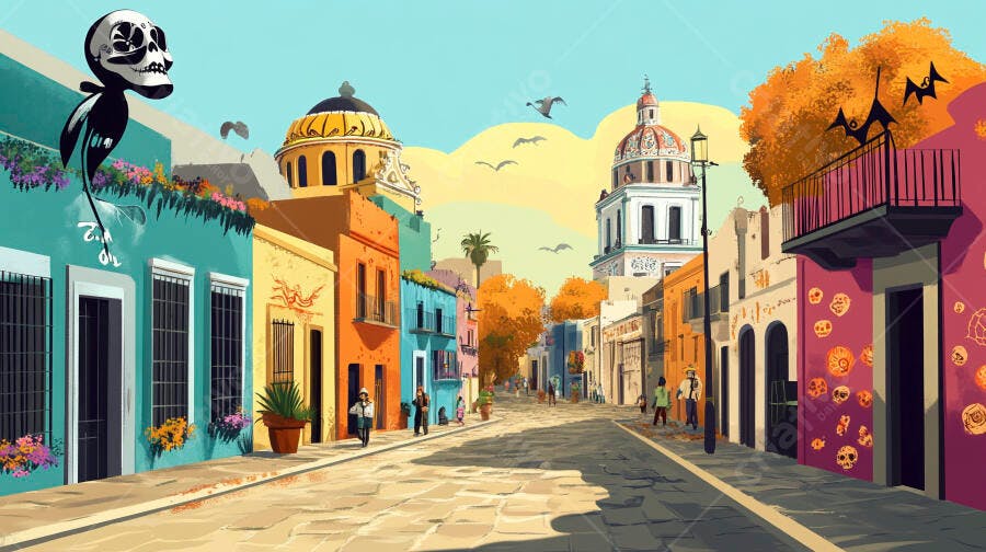Rua mexicana vibrante com casas coloridas e calavera estilo Dia dos Mortos