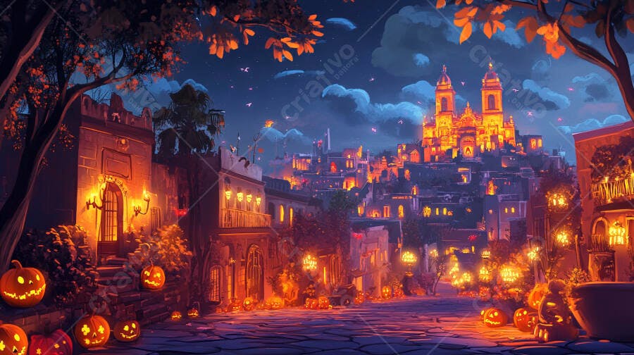 Cidade antiga decorada para Halloween com abóboras luminosas e igreja no outono