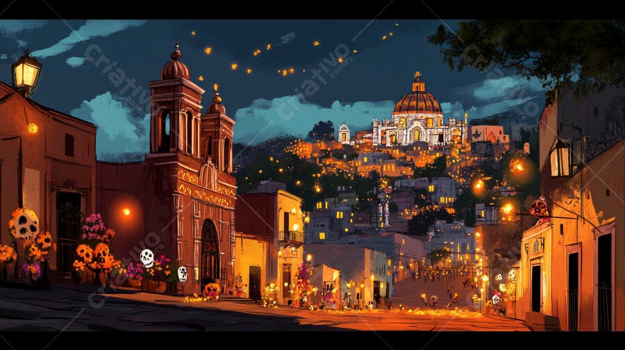Cidade mexicana colonial iluminada com caveiras para Dia de Muertos