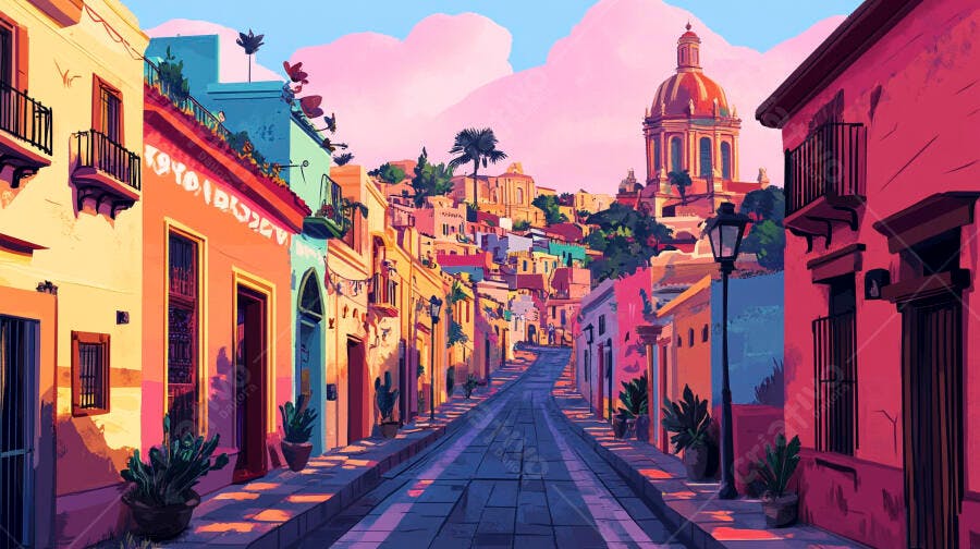 Cidade colonial colorida com rua vibrante e igreja majestosa ao entardecer