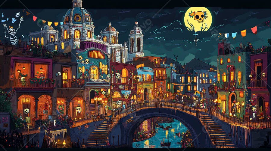 Cidade colorida celebrando Dia de Muertos à noite com lua de caveira