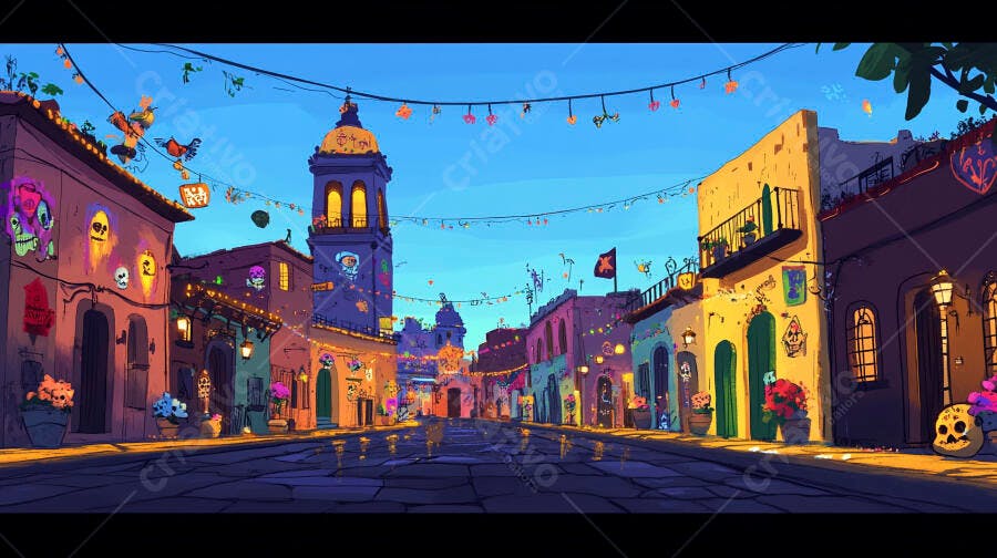 Rua vibrante de vila mexicana decorada para o Dia de Muertos com lanternas e caveiras coloridas
