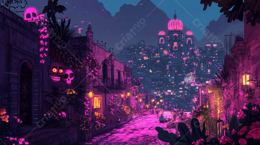 Rua festiva roxa neon com caveiras luminosas e arquitetura colonial noturna
