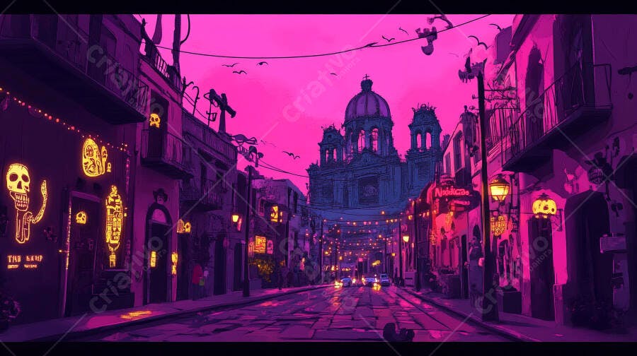 Rua noturna vibrante com decorações de caveiras e catedral sob céu rosa e roxo