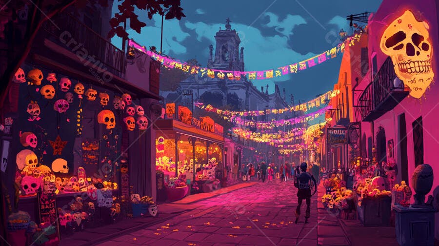 Rua mexicana colorida celebrando Dia dos Mortos com caveiras e papel picado à noite