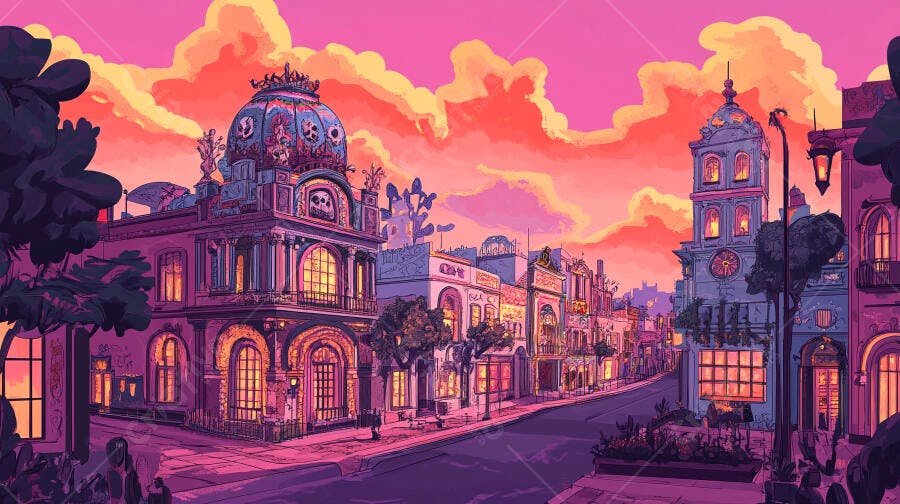 Rua urbana fantástica ao pôr do sol rosado com edifícios góticos e luzes quentes
