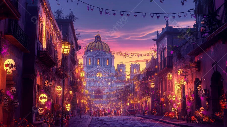 Rua festiva mexicana com decorações do Dia dos Mortos ao entardecer