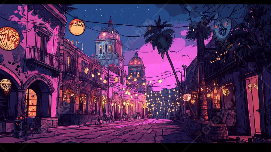 Rua noturna colorida com luzes festivas e arquitetura histórica vibrante