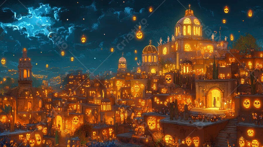 Cidade vibrante iluminada para Dia dos Mortos com calaveras flutuantes