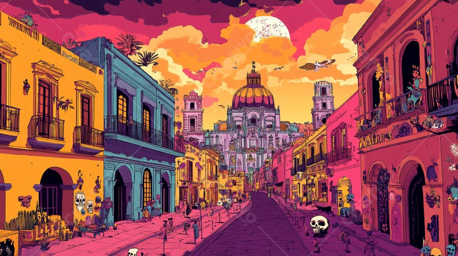 Cidade vibrante mexicana com rua colorida e catedral ao pôr do sol calaveras