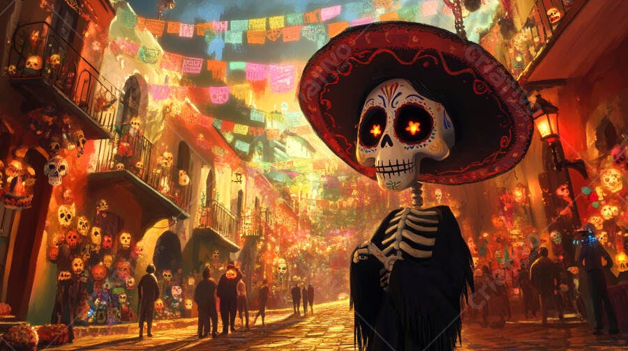 Esqueleto Calavera Catrina com sombrero em rua mexicana colorida Dia dos Mortos