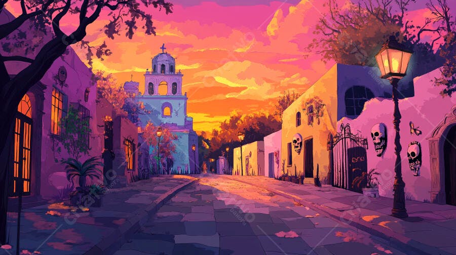 Rua mexicana ilustrada com caveiras e igreja ao pôr do sol