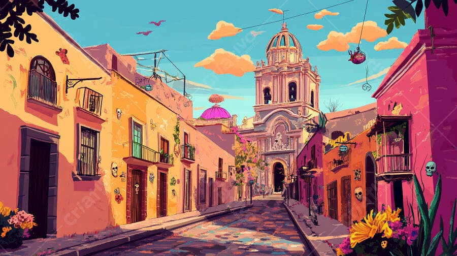 Rua vibrante em cidade mexicana com casas coloridas e arquitetura colonial