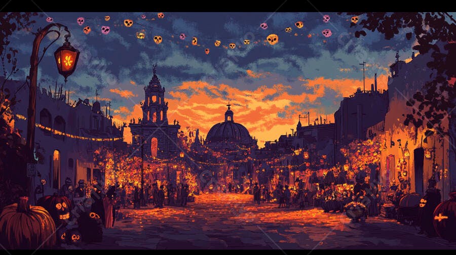 Rua de festival mexicano iluminada com caveiras e pessoas celebrando o Dia dos Mortos